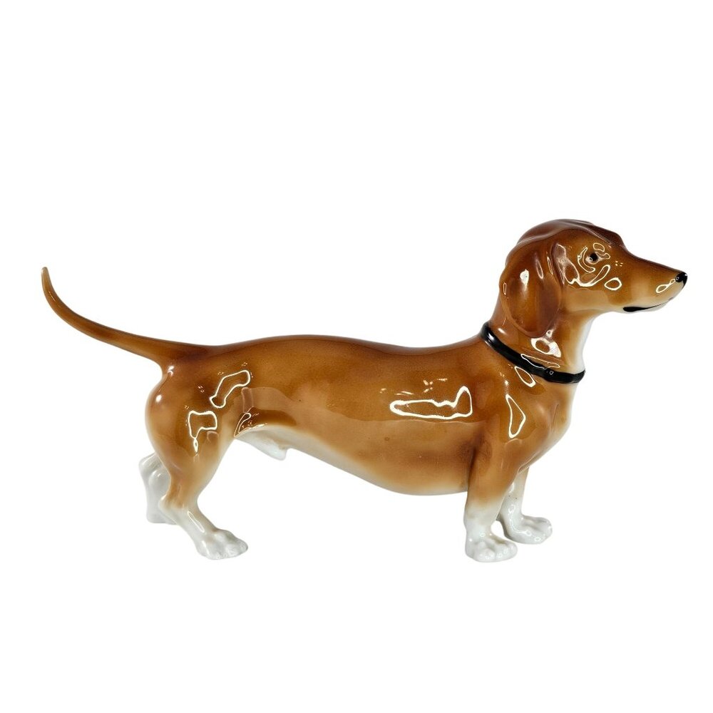Gotha Pfeffer Germany Dachshund Dog Figurine Black Collar 8" Long Porcelain